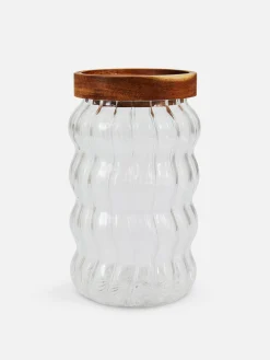 Primark Serviços De Mesa^Recipiente Vidro Estriado Tampa Madeira
